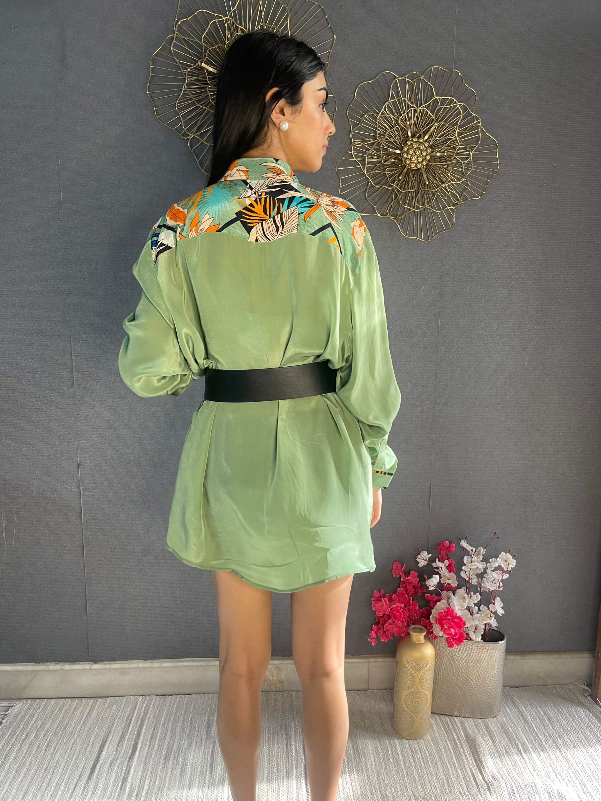 Green Leaf Print shirt Dress | Imprint Crepe Dress