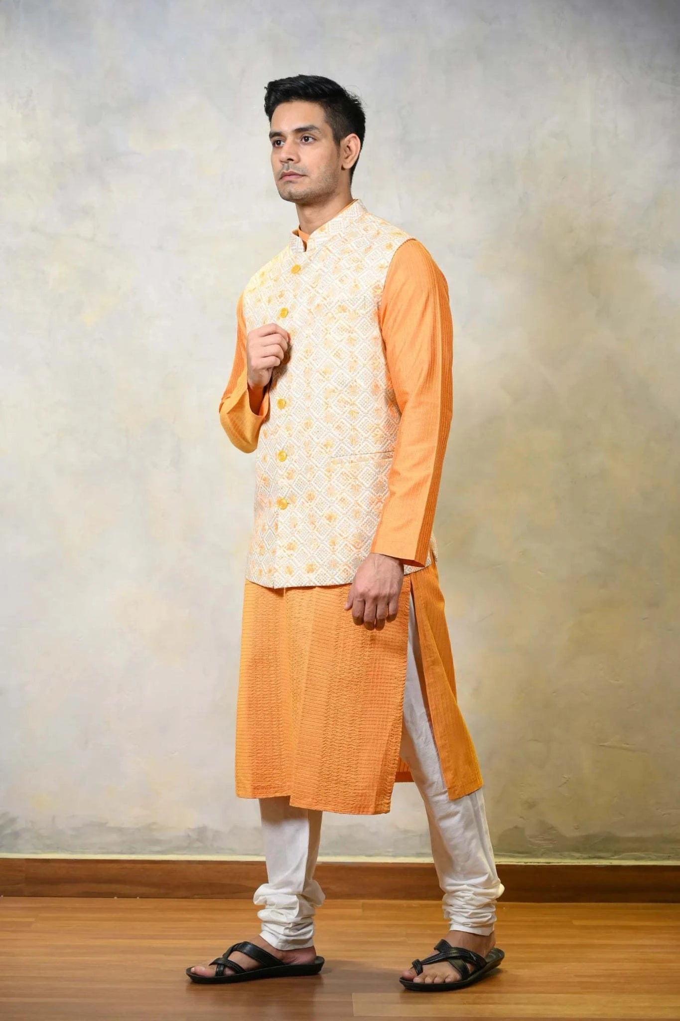 Nehru Jacket in Off White, Yellow, Orange Silk - Bandi - Mensware