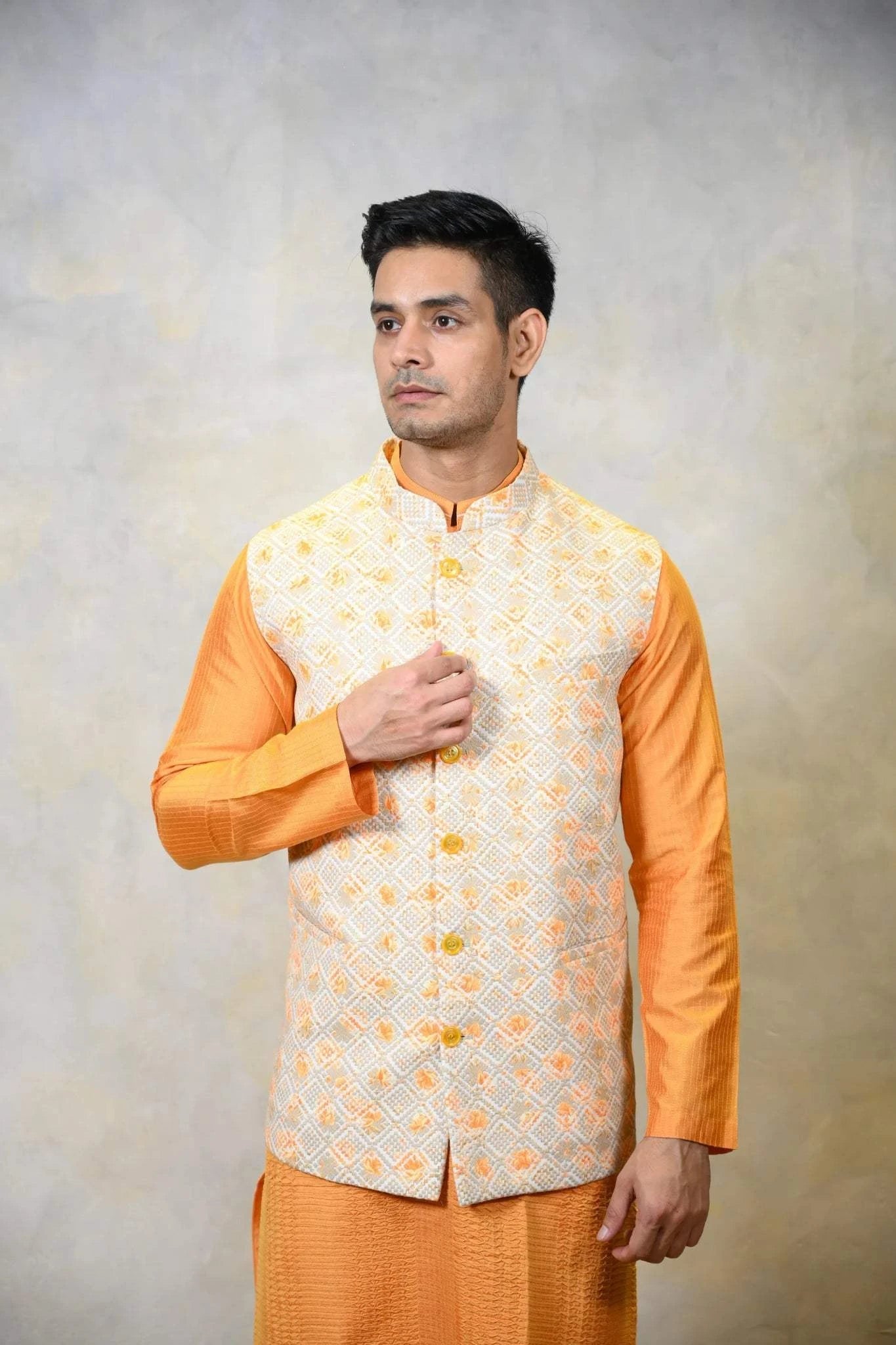 Nehru Jacket in Off White, Yellow, Orange Silk - Bandi - Mensware