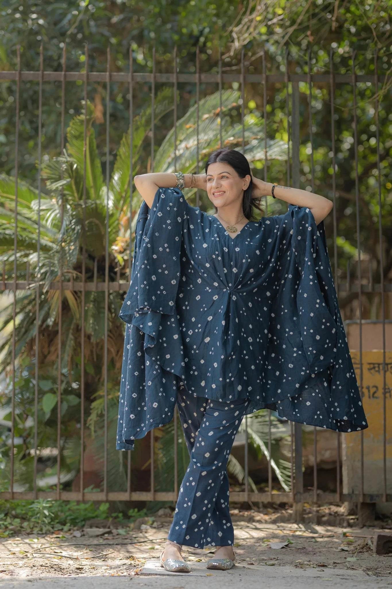 Co-Ord Set Bandhani - Navy Blue Cotton Cape and Pants - Tanya Guppta