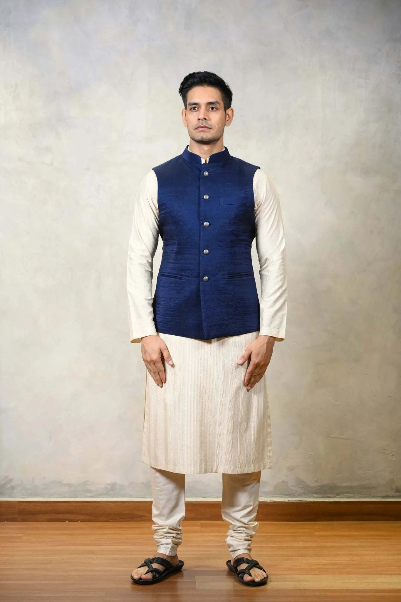 Classic Nehru Jacket - One of a Kind Raw Silk Navy Blue Body Fit - tanyaguppta