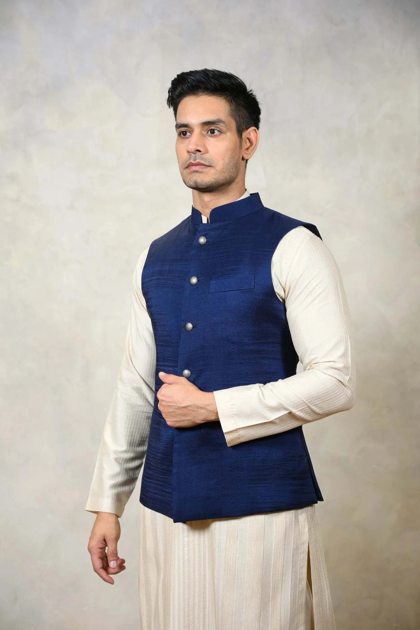 Classic Nehru Jacket - One of a Kind Raw Silk Navy Blue Body Fit - tanyaguppta