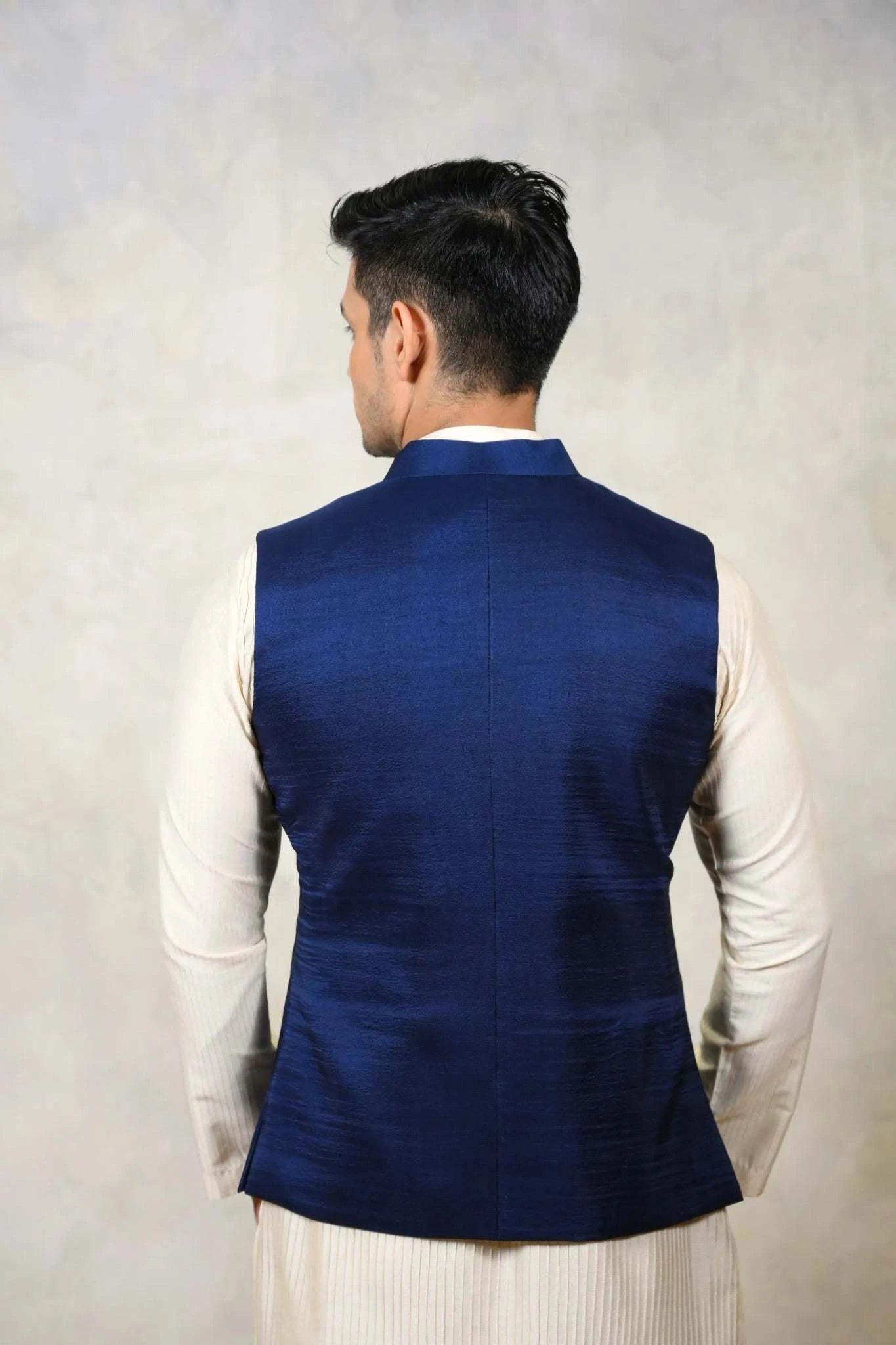 Classic Nehru Jacket - One of a Kind Raw Silk Navy Blue Body Fit - tanyaguppta