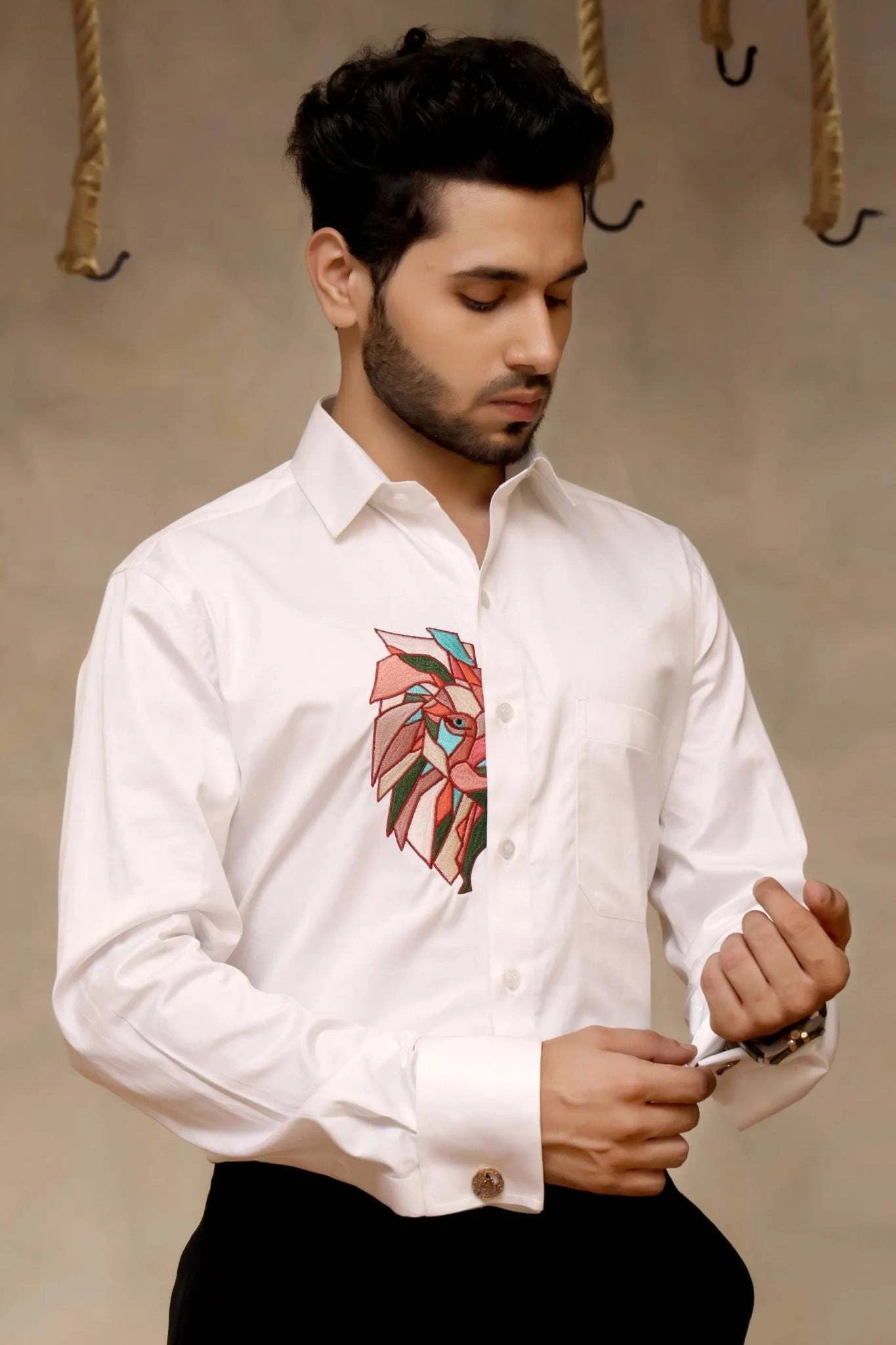 Lion Embroidered Shirt - 100% Pure Cotton - Menswear - Tanya Guppta 