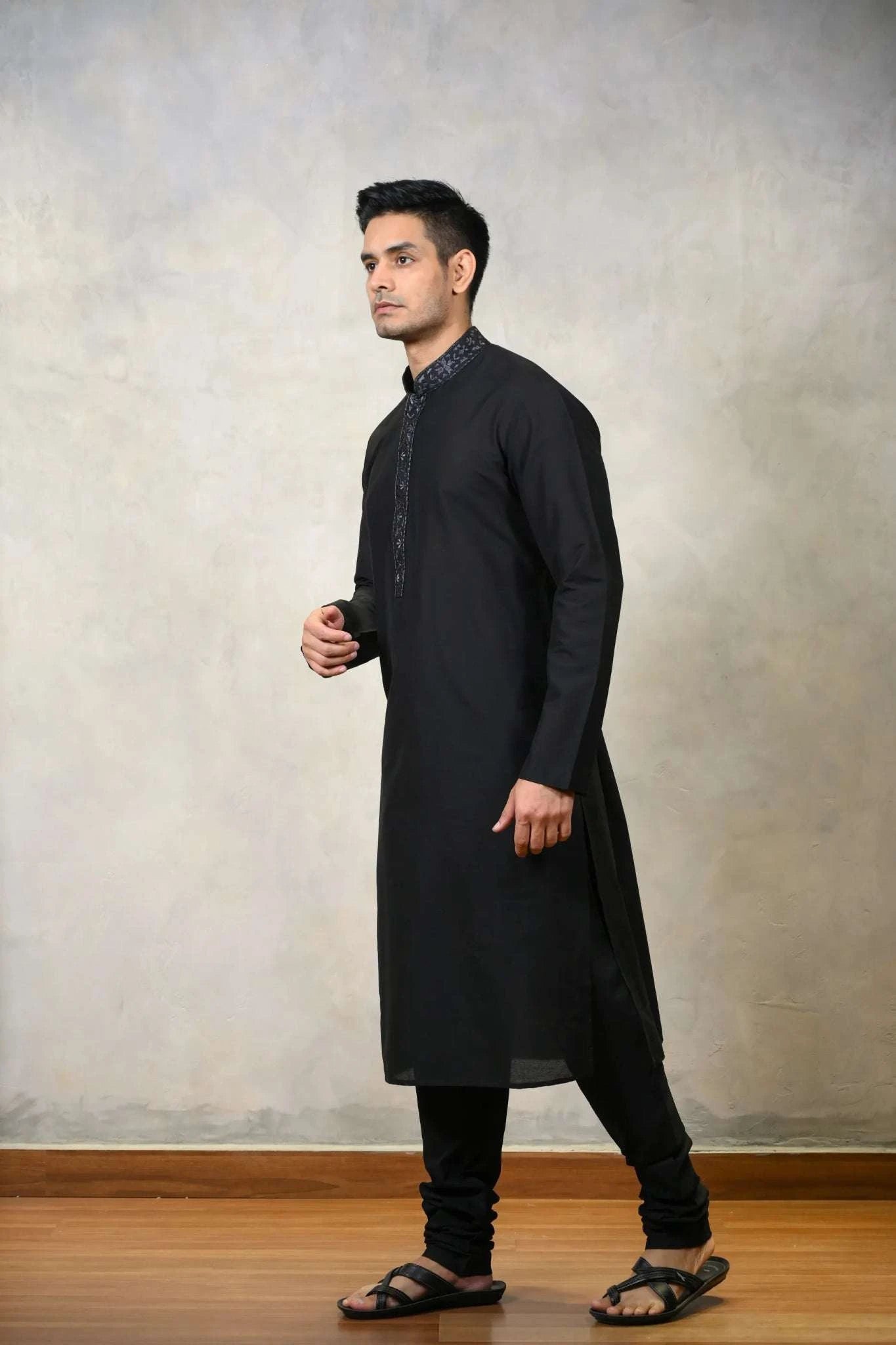 Black Kurta Set - Night Sky Cotton Machine Embroidery - Menswear