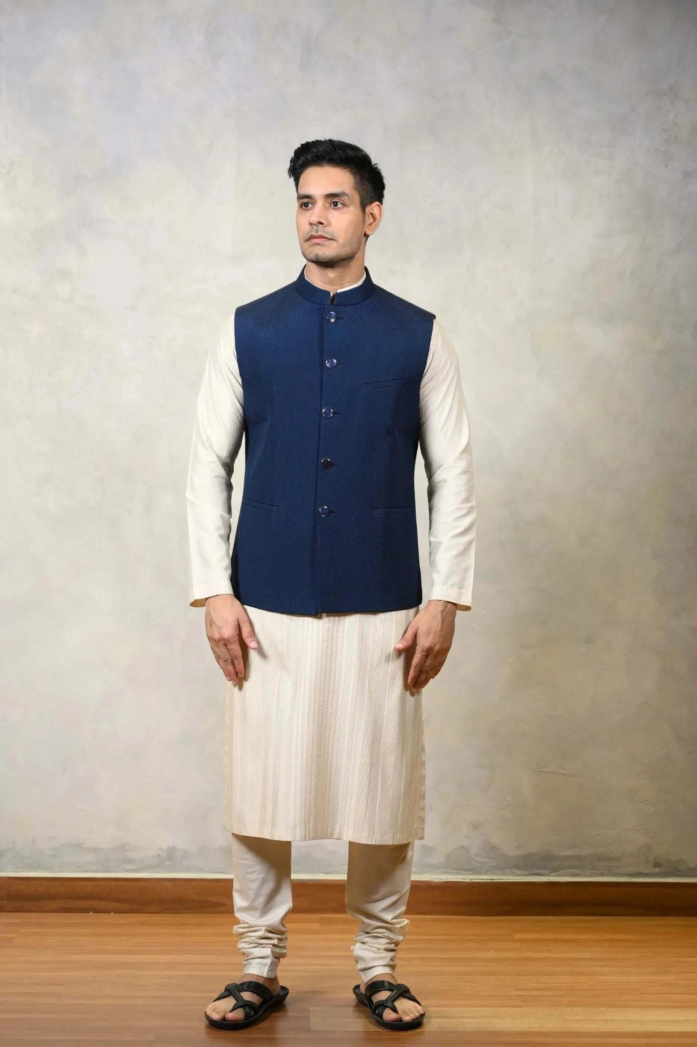 Nehru Jacket Prussian Jacket - One of a Kind Dark Blue Bandi For Mens 