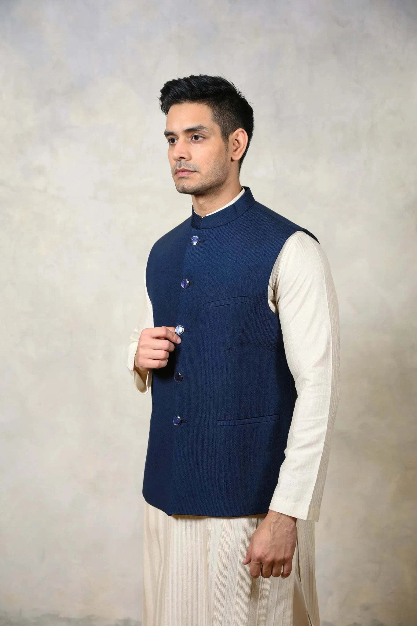 Nehru Jacket Prussian Jacket - One of a Kind Dark Blue Bandi For Mens 