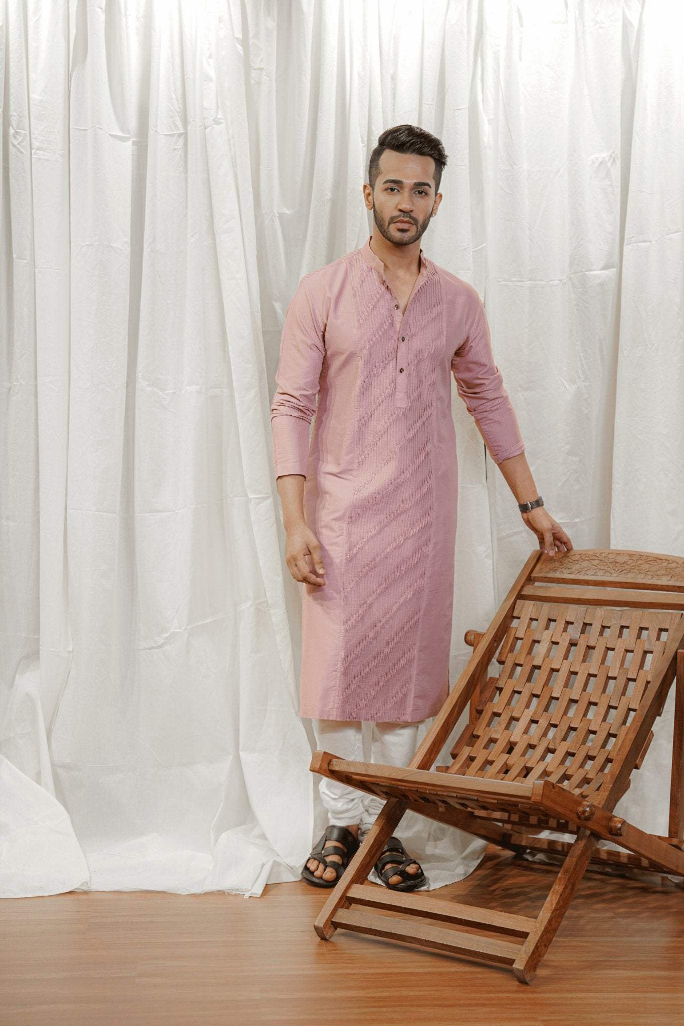 Rose Pink Kurta Set - Cotton Chanderi Kurta Pajama - Menswear - Tanya Guppta