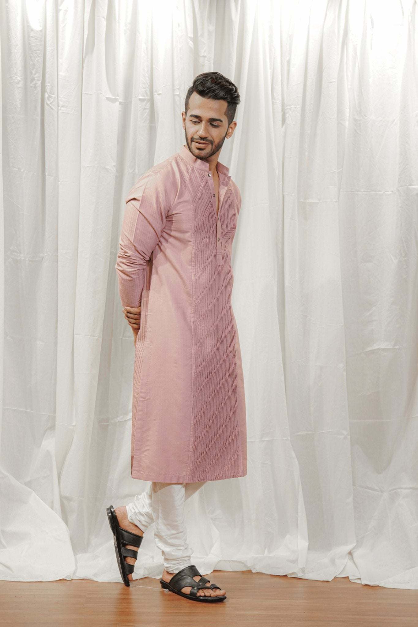 Rose Pink Kurta Set - Cotton Chanderi Kurta Pajama - Menswear - Tanya Guppta