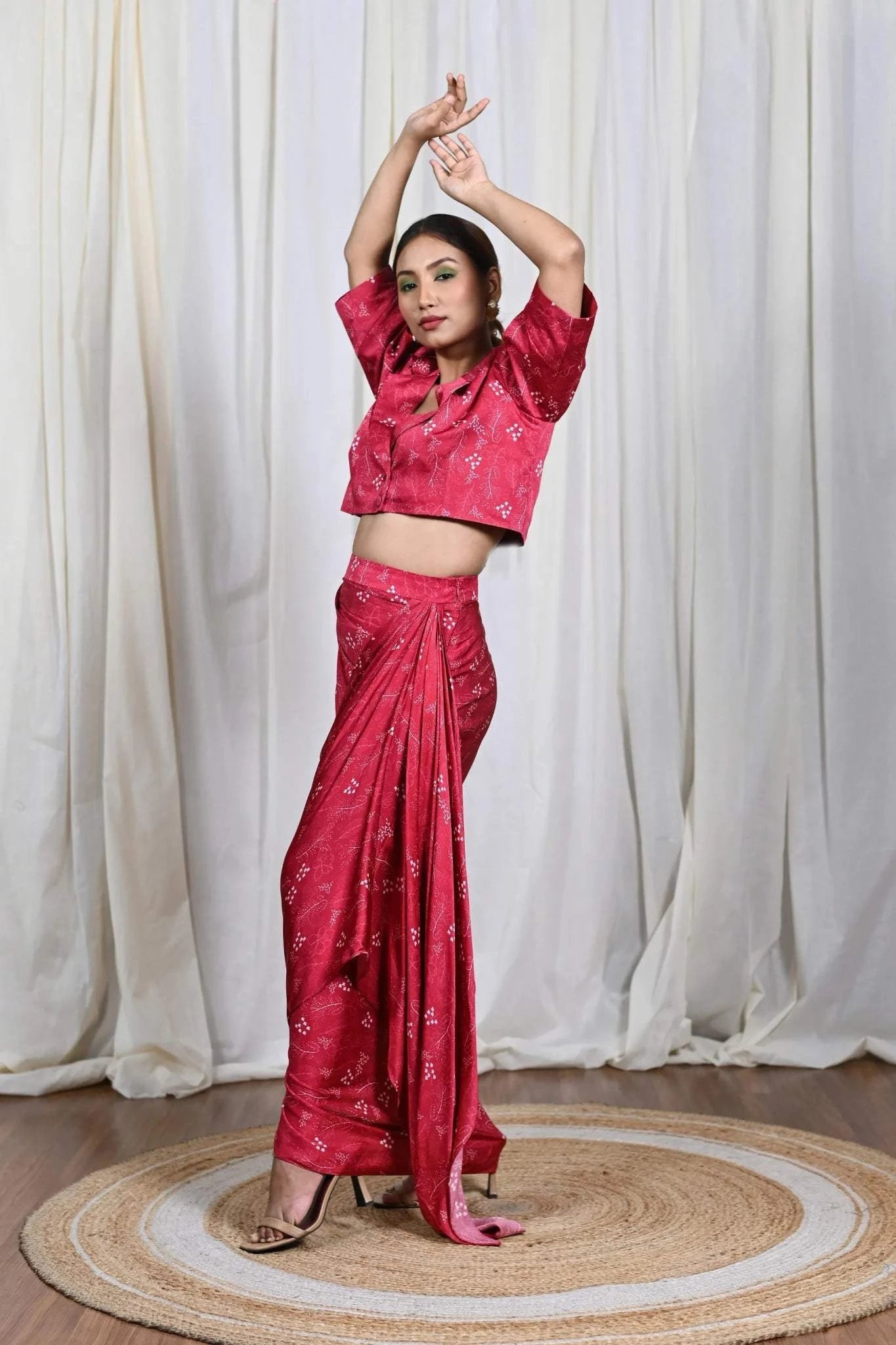 Pre Draped Skirt Scarlet Set | Blossom Modal Satin Venetian Red - Tanya Guppta 