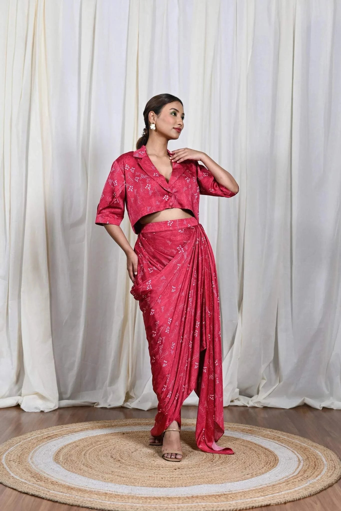 Pre Draped Skirt Scarlet Set | Blossom Modal Satin Venetian Red - Tanya Guppta 