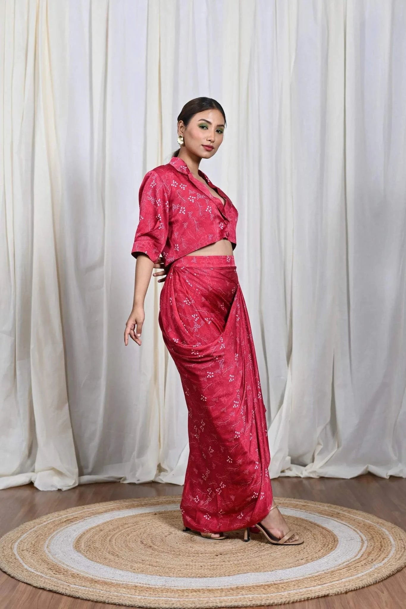 Pre Draped Skirt Scarlet Set | Blossom Modal Satin Venetian Red - Tanya Guppta 