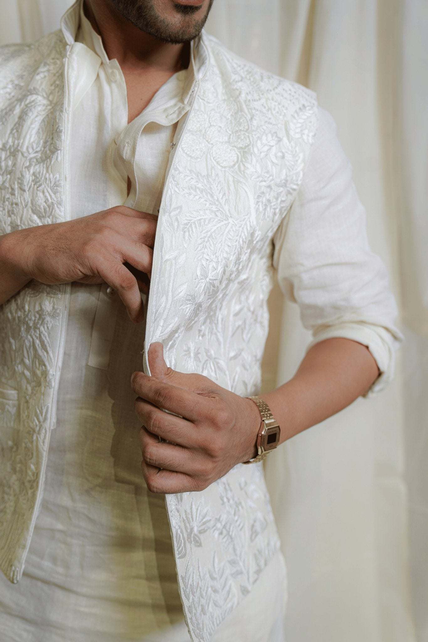 Embroidered Nehru Jacket - Snowdrop Jacket - Menswear - Tanya Guppta
