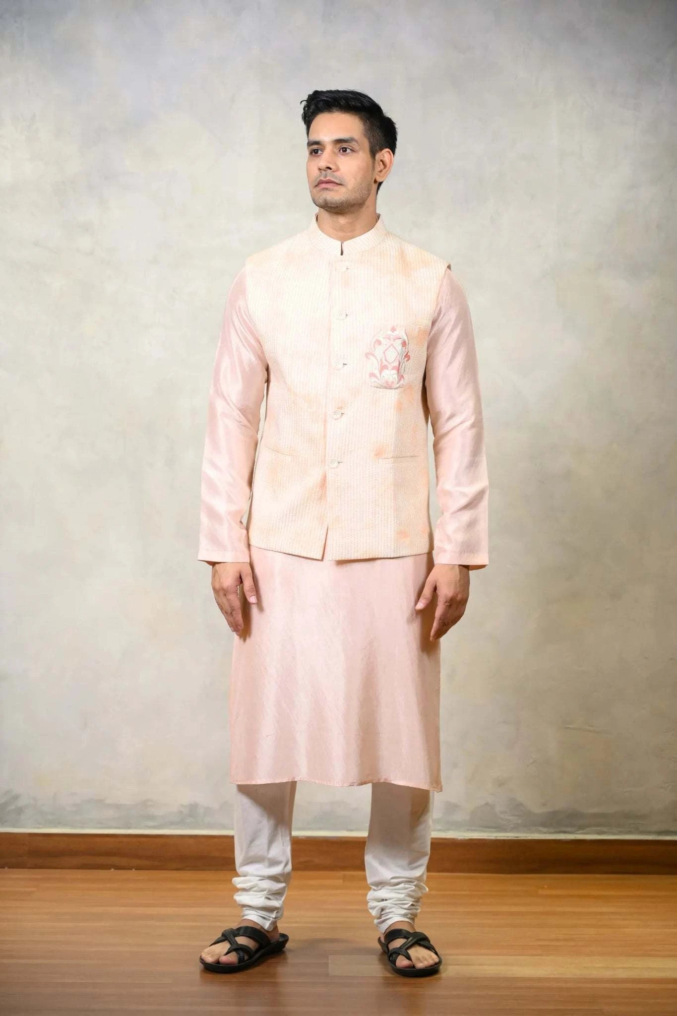 Embroidered Nehru Jacket in Peach | One of a Kind Collection - Menswear