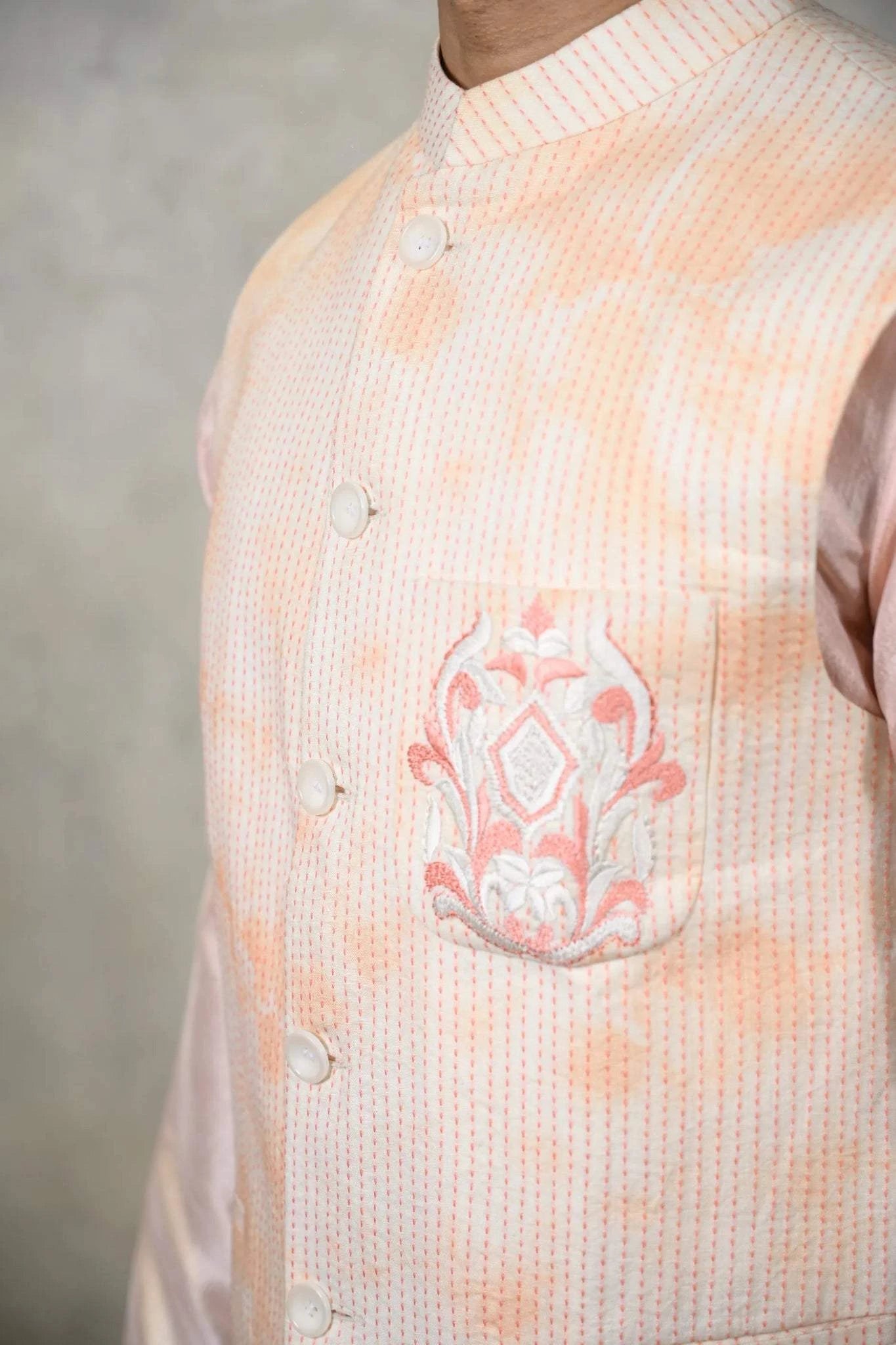 Embroidered Nehru Jacket in Peach | One of a Kind Collection - Menswear