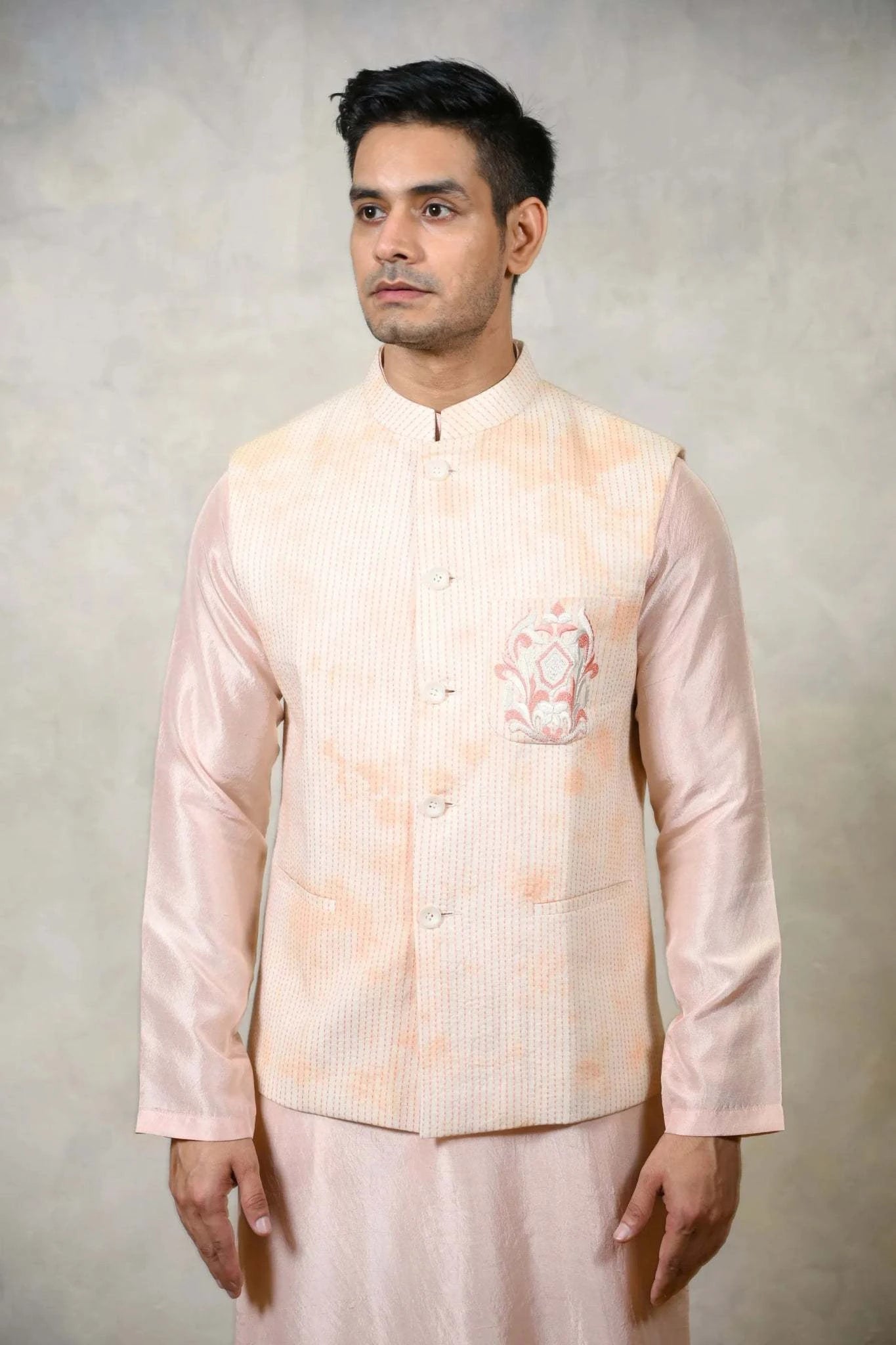 Embroidered Nehru Jacket in Peach | One of a Kind Collection - Menswear