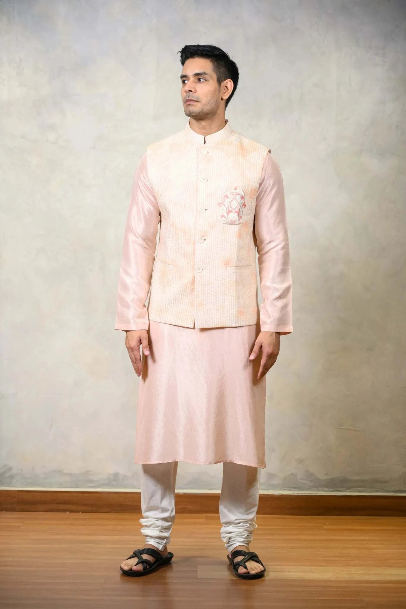 Embroidered Nehru Jacket in Peach | One of a Kind Collection - Menswear